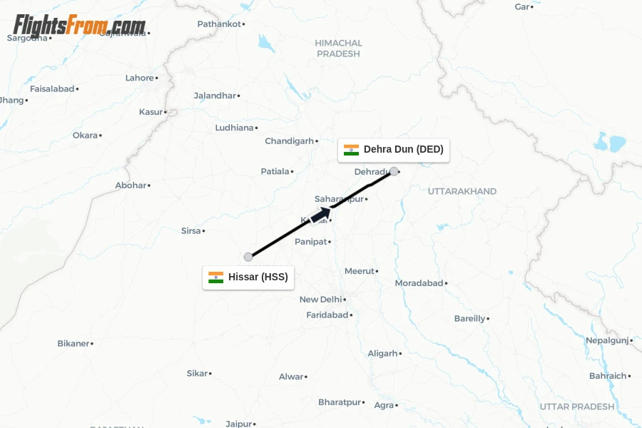Flights from Hissar to Dehra Dun route map