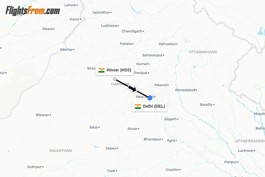 Flights from Hissar to Delhi route map