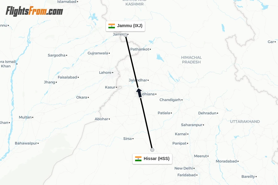 Flights from Hissar to Jammu route map