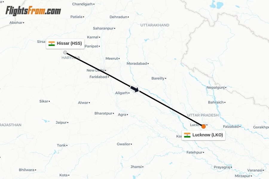 Flights from Hissar to Lucknow route map
