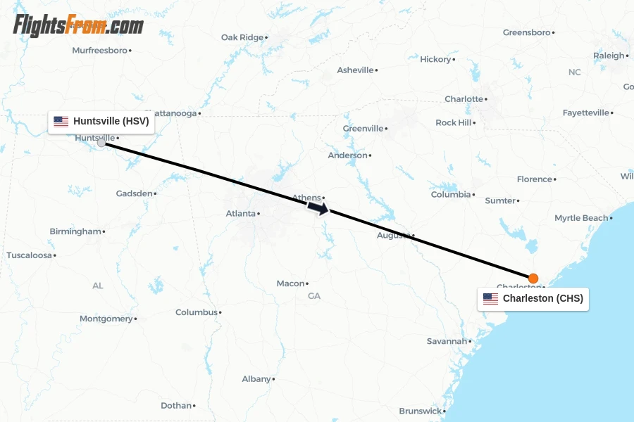 Flights from Huntsville to Charleston route map
