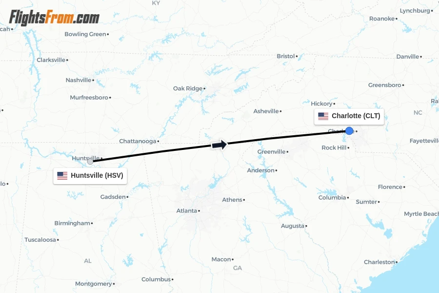 Flights from Huntsville to Charlotte route map