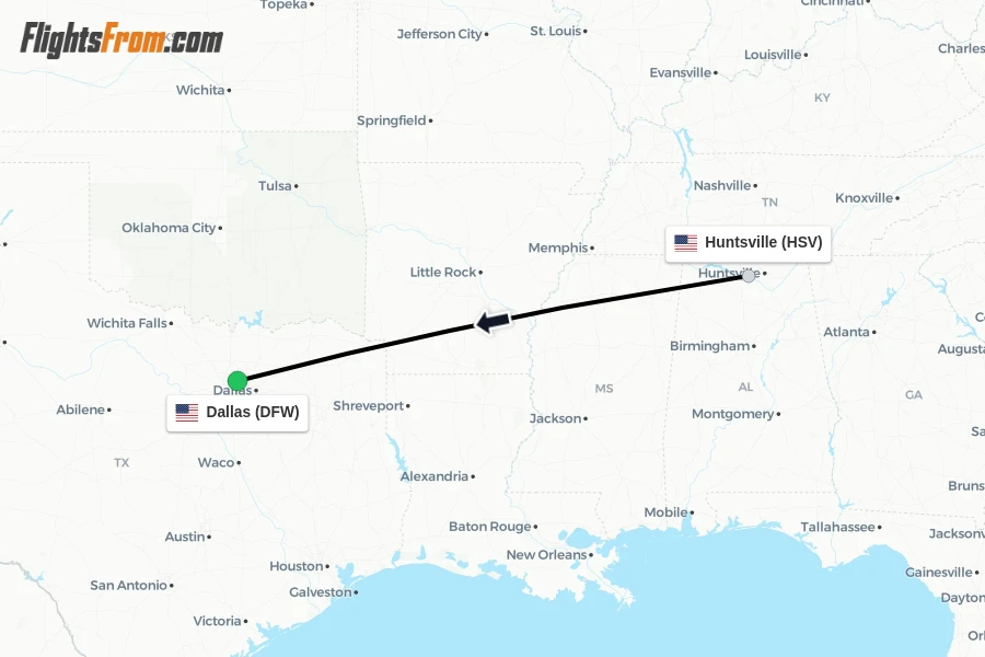 Flights from Huntsville to Dallas route map
