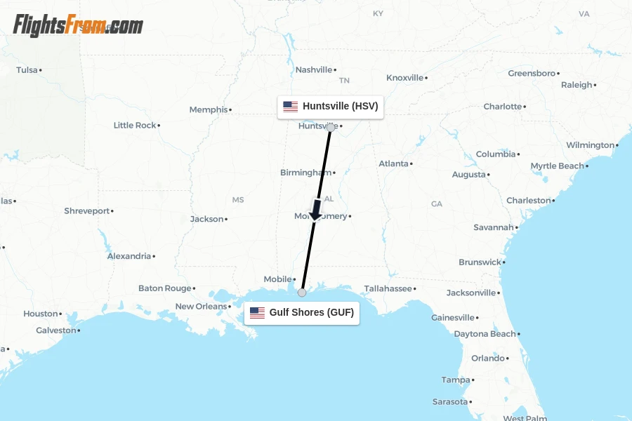 Flights from Huntsville to Gulf Shores route map