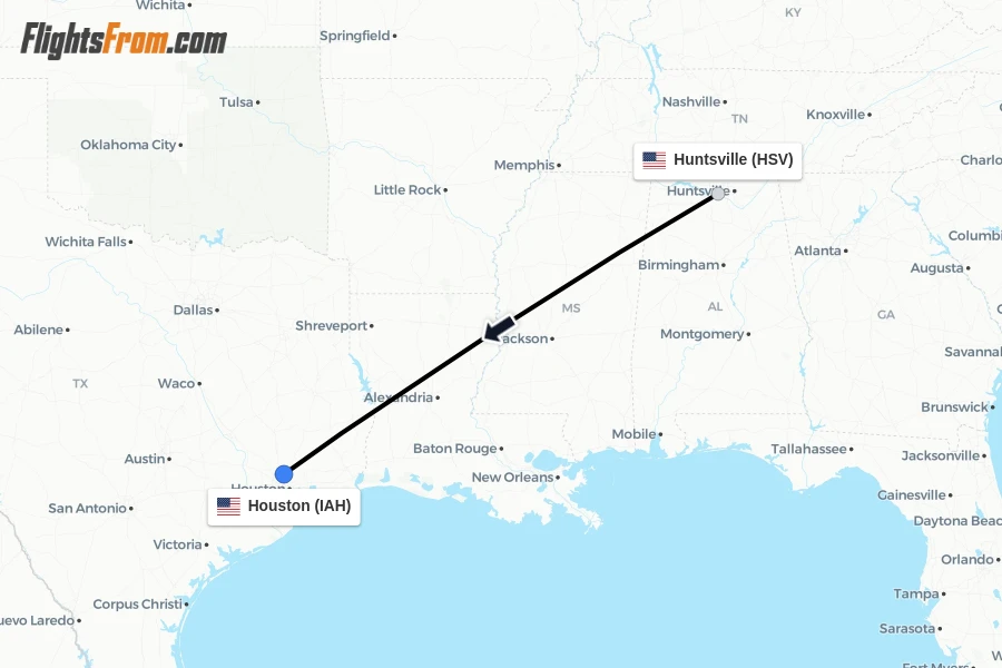 Flights from Huntsville to Houston route map