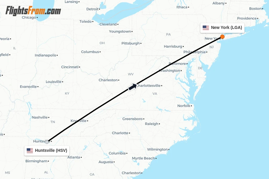 Flights from Huntsville to New York route map