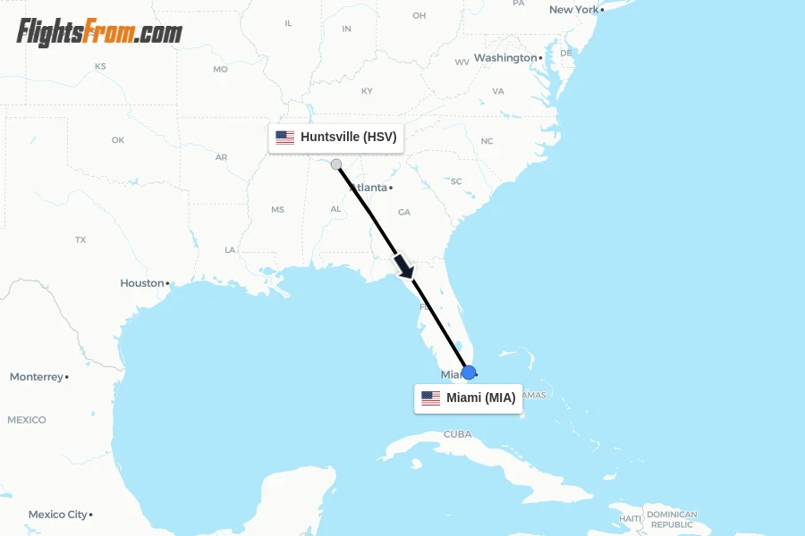 Flights from Huntsville to Miami route map