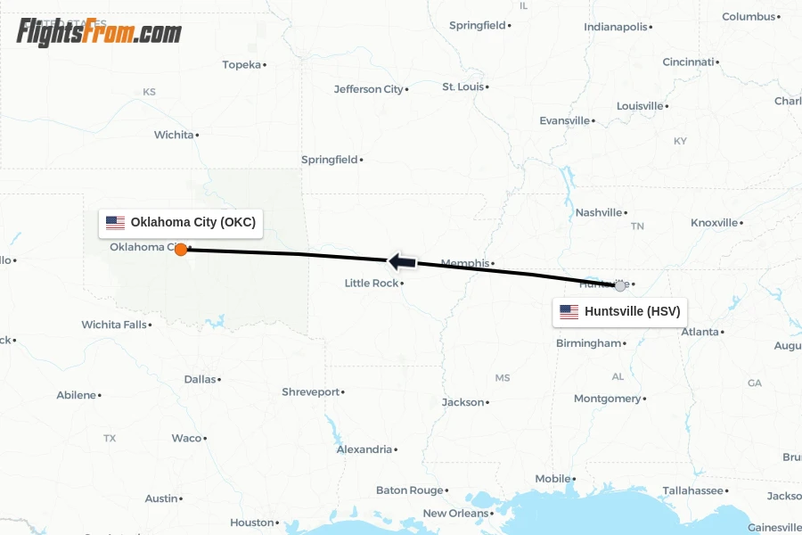 Flights from Huntsville to Oklahoma City route map