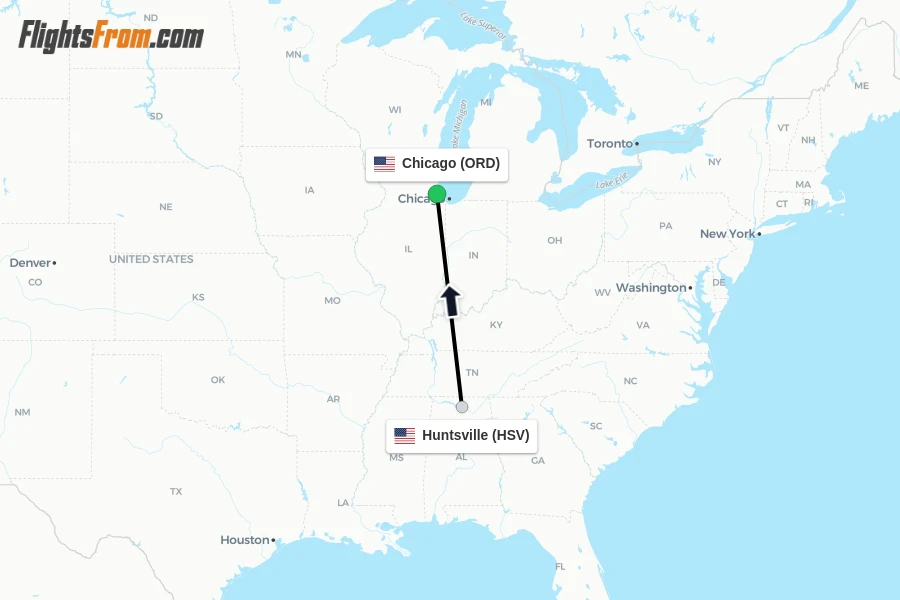 Flights from Huntsville to Chicago route map