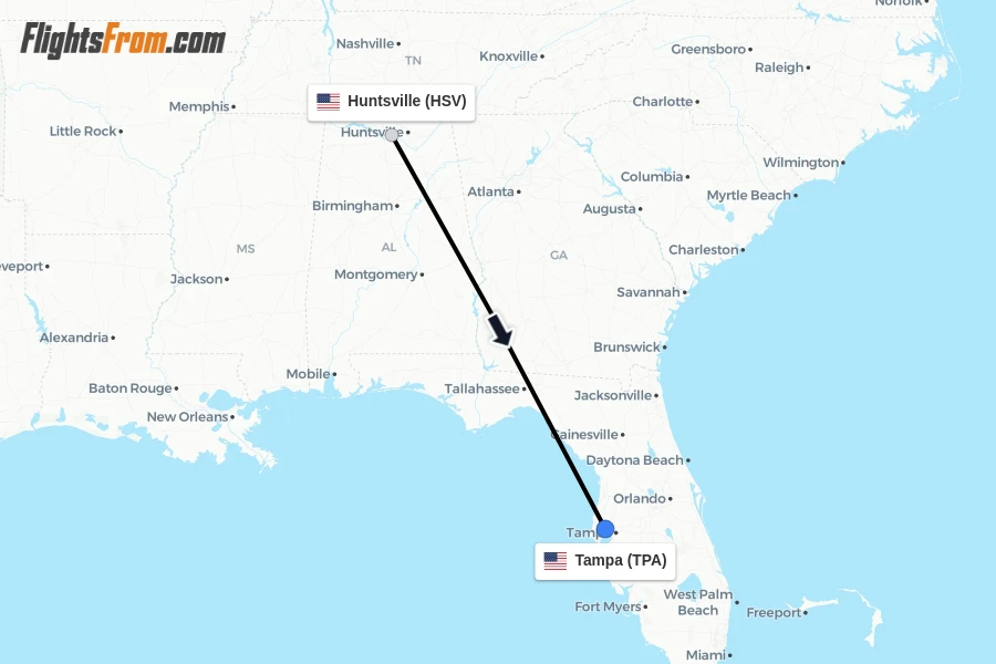 Flights from Huntsville to Tampa route map