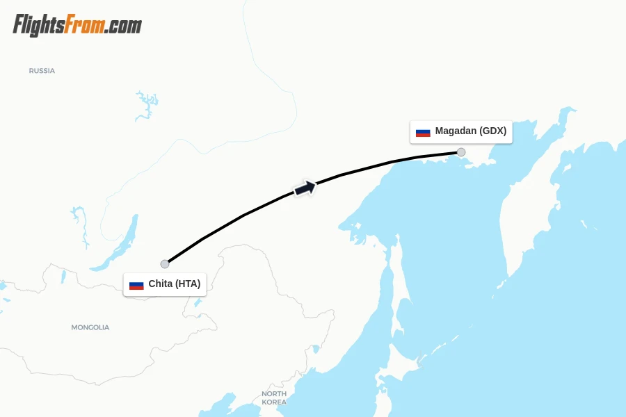 Flights from Chita to Magadan route map