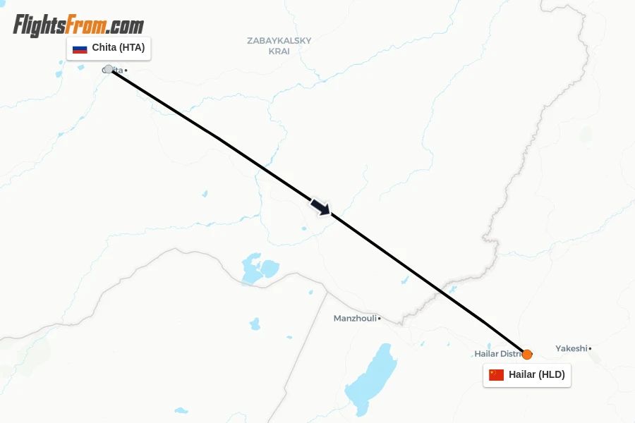 Flights from Chita to Hailar route map