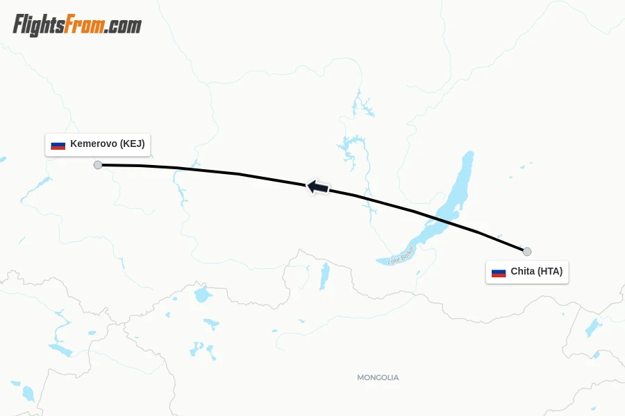 Flights from Chita to Kemerovo route map