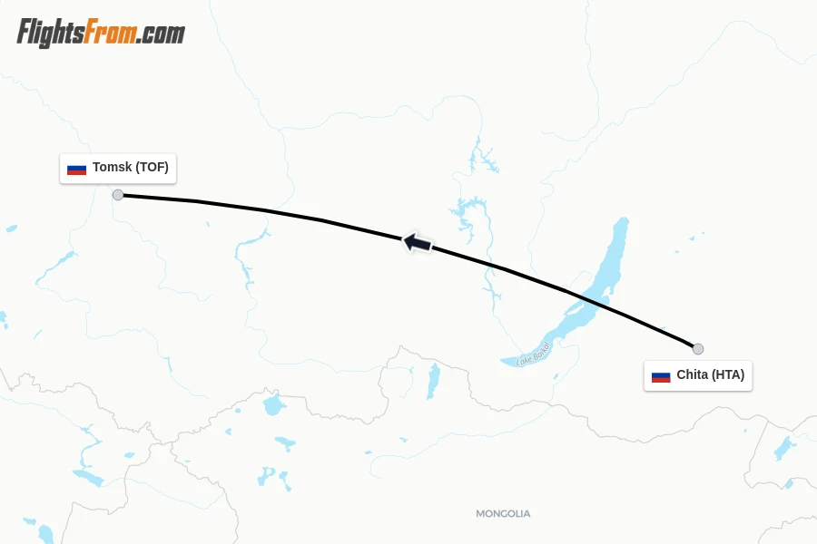 Flights from Chita to Tomsk route map