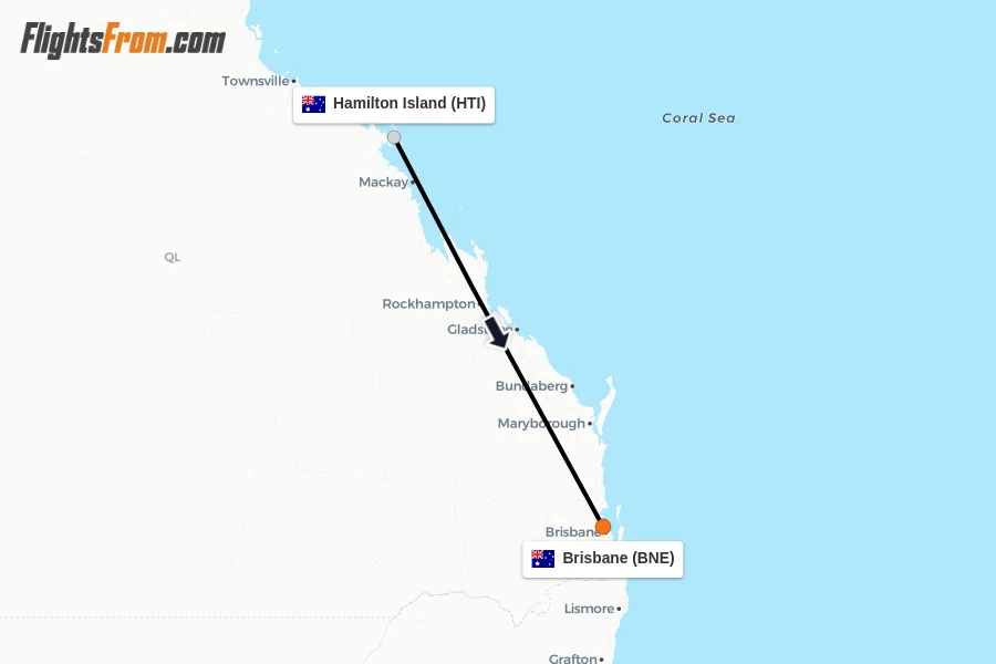 Flights from Hamilton Island to Brisbane route map