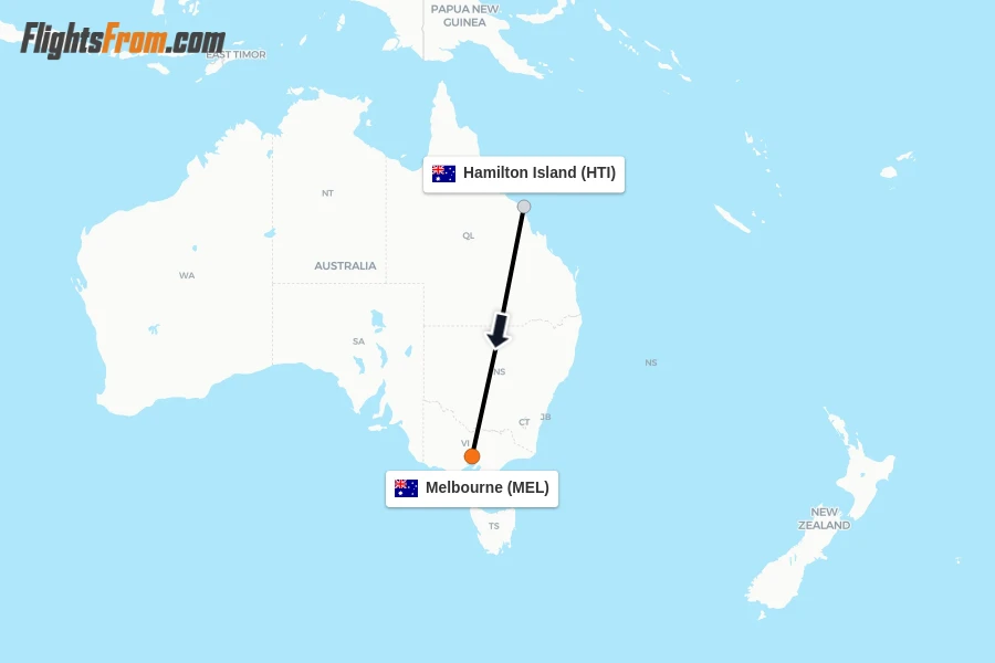 Flights from Hamilton Island to Melbourne route map