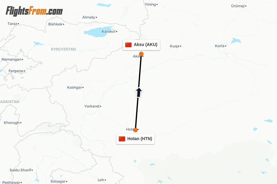 Flights from Hotan to Aksu route map