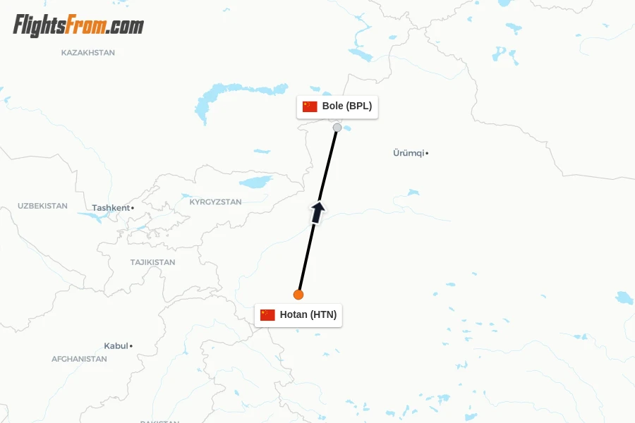 Flights from Hotan to Bole route map