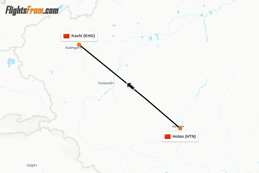 Flights from Hotan to Kashi route map