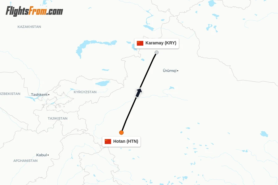 Flights from Hotan to Karamay route map