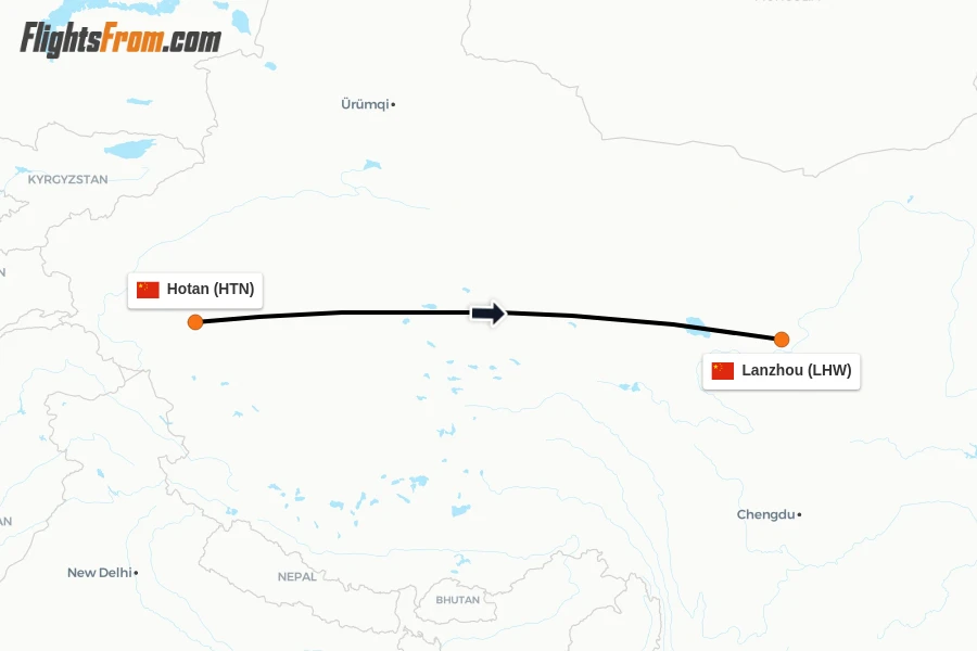 Flights from Hotan to Lanzhou route map