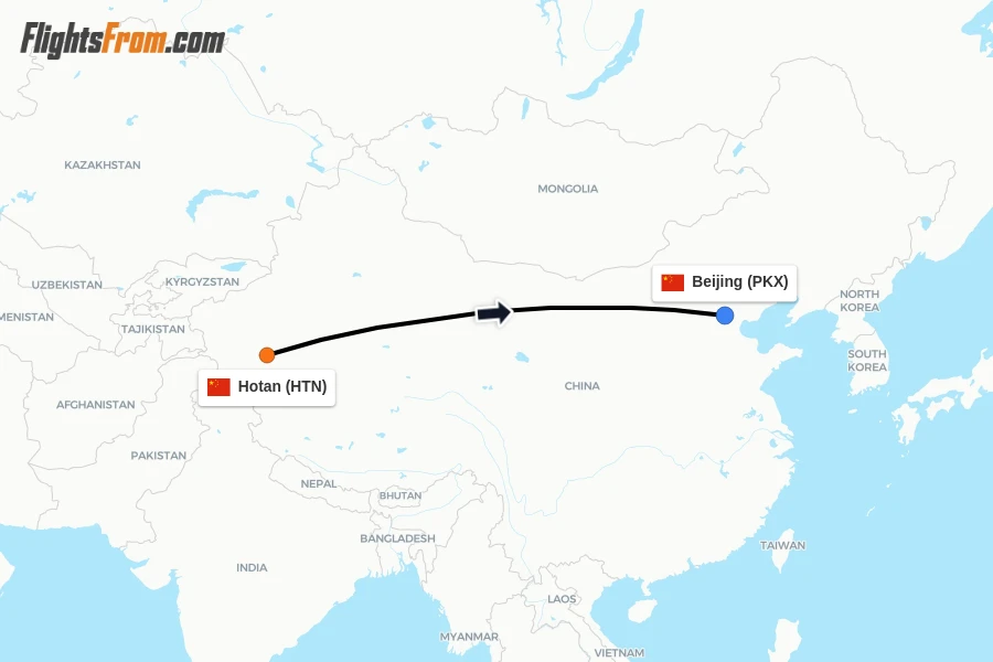 Flights from Hotan to Beijing route map