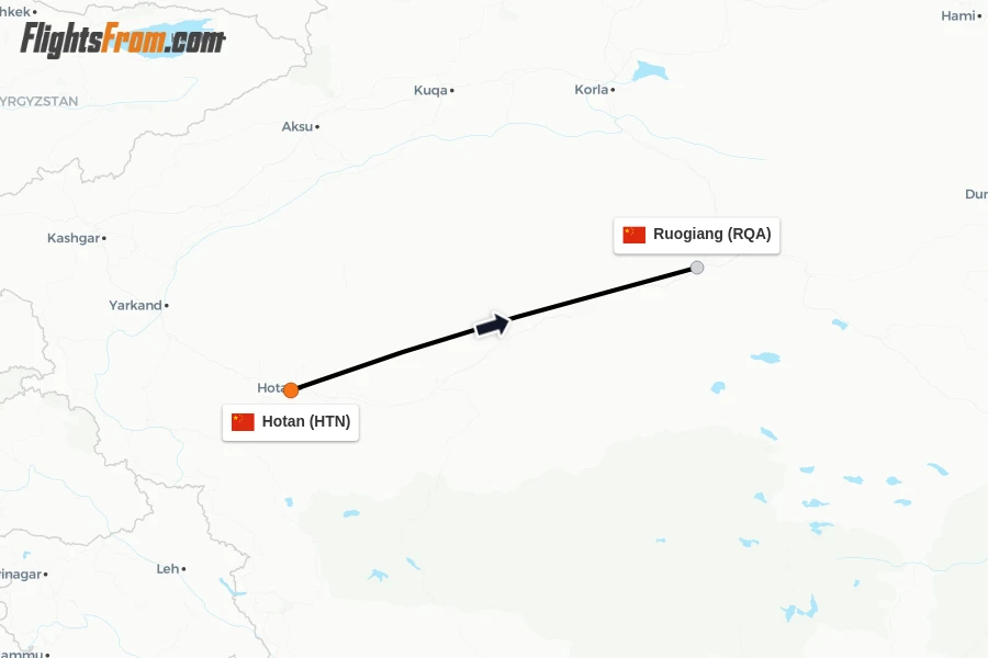 Flights from Hotan to Ruogiang route map