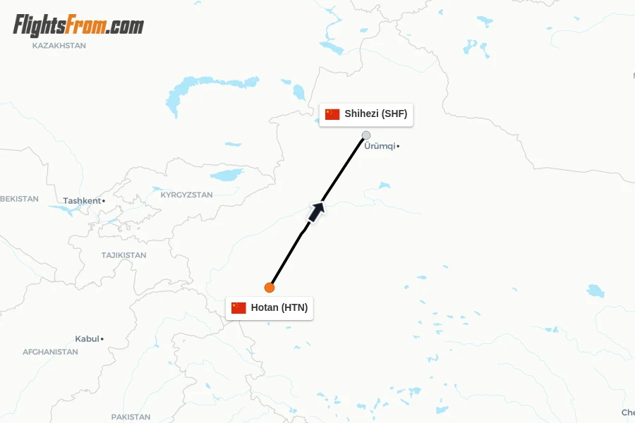 Flights from Hotan to Shihezi route map