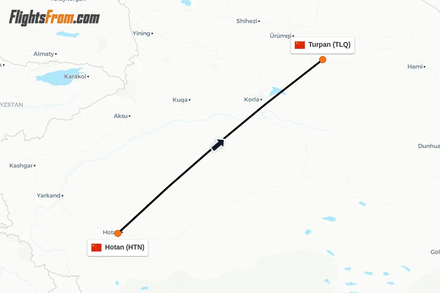 Flights from Hotan to Turpan route map