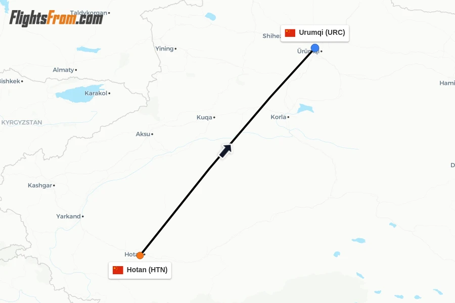 Flights from Hotan to Urumqi route map