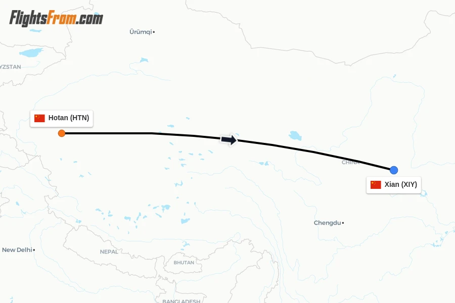 Flights from Hotan to Xian route map