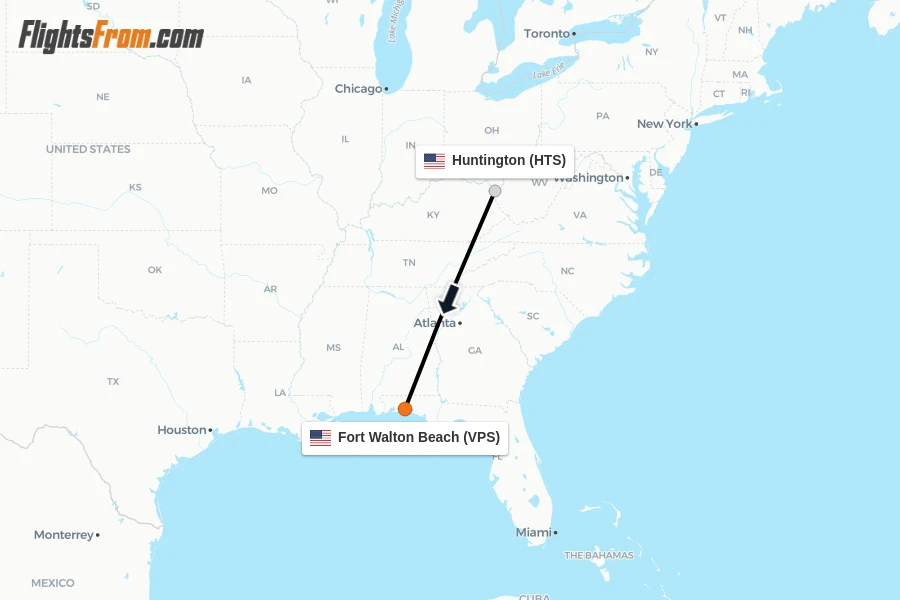 Flights from Huntington to Fort Walton Beach route map