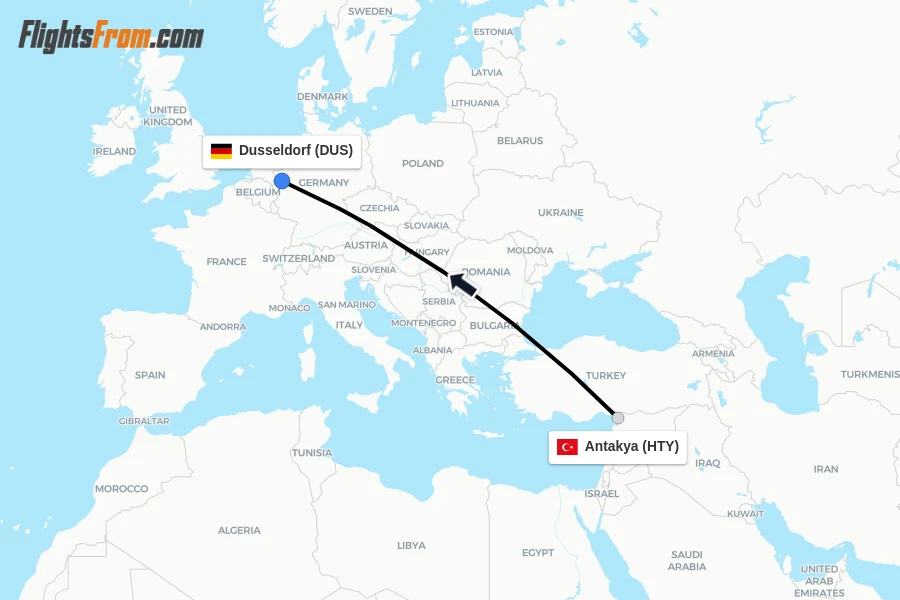 Flights from Antakya to Dusseldorf route map