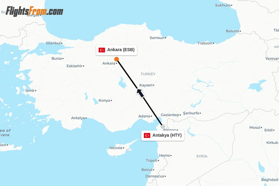 Flights from Antakya to Ankara route map
