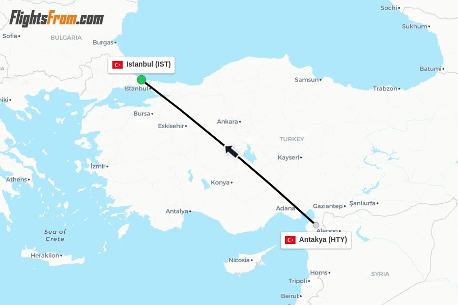 Flights from Antakya to Istanbul route map