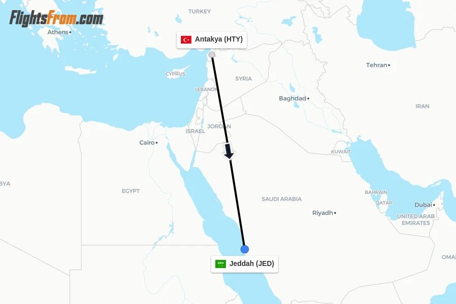 Flights from Antakya to Jeddah route map