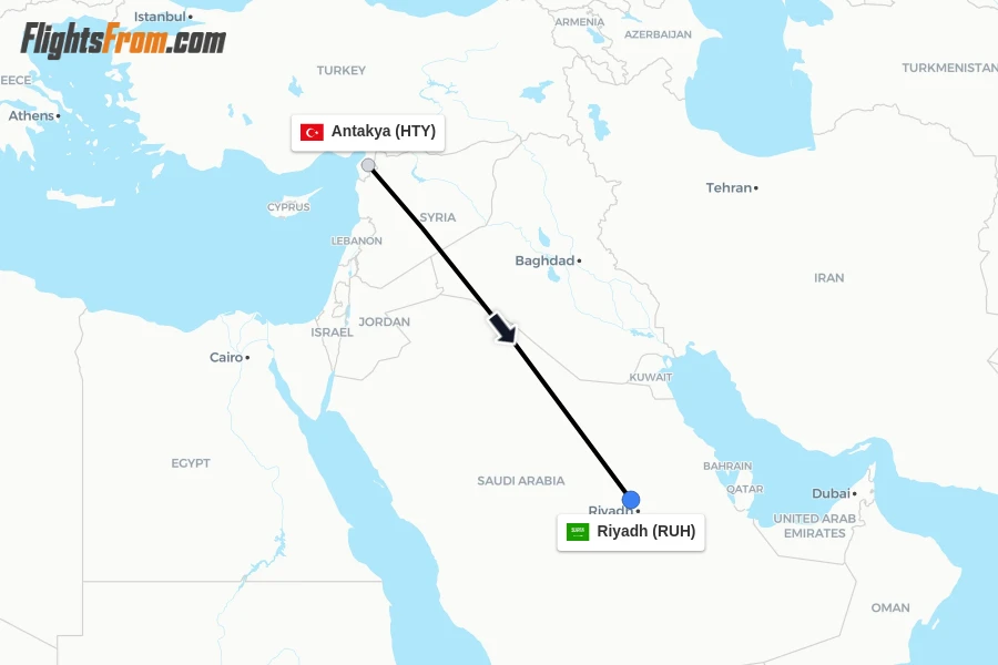 Flights from Antakya to Riyadh route map