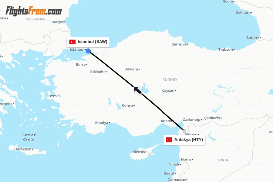 Flights from Antakya to Istanbul route map
