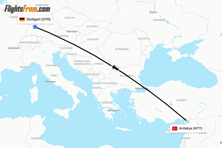 Flights from Antakya to Stuttgart route map