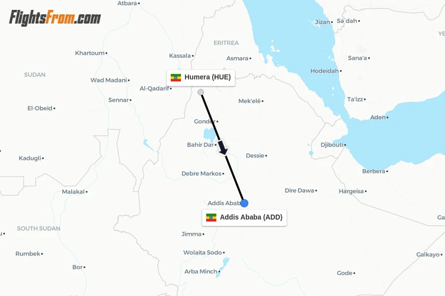 Flights from Humera to Addis Ababa route map