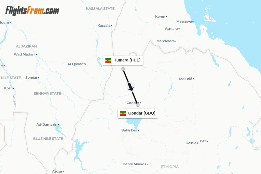 Flights from Humera to Gondar route map