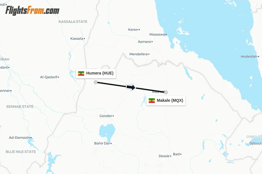 Flights from Humera to Makale route map