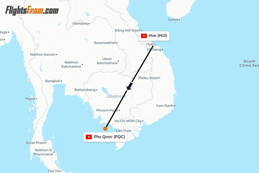 Flights from Hue to Phu Quoc route map