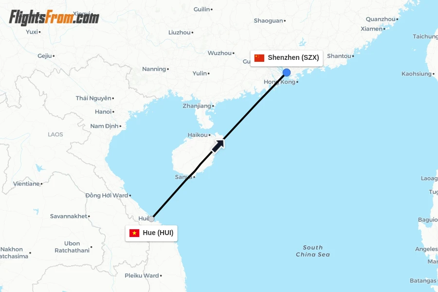 Flights from Hue to Shenzhen route map