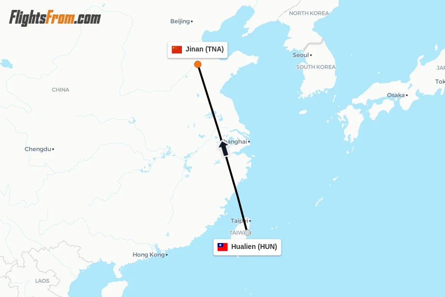 Flights from Hualien to Jinan route map
