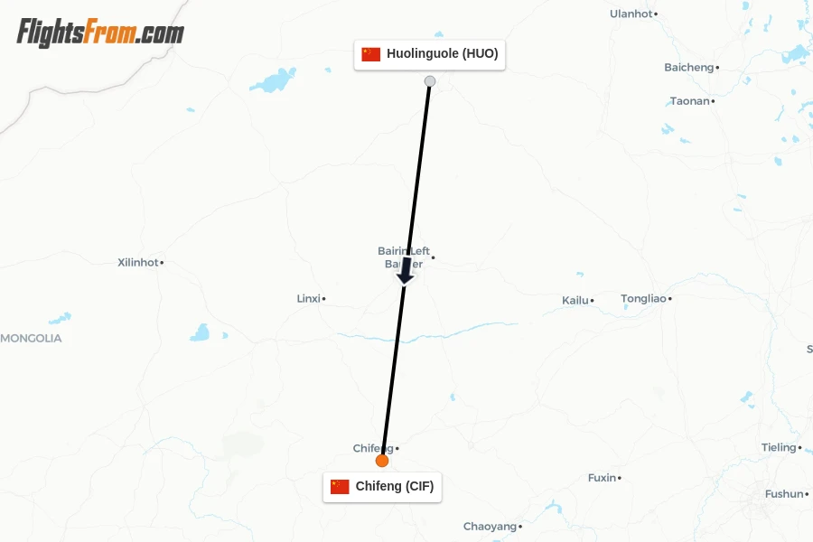 Flights from Huolinguole to Chifeng route map