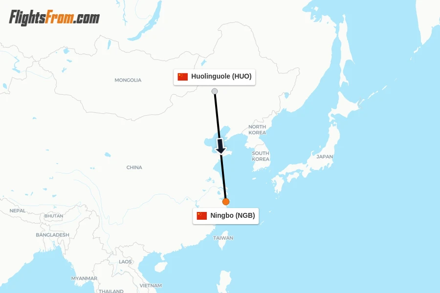 Flights from Huolinguole to Ningbo route map