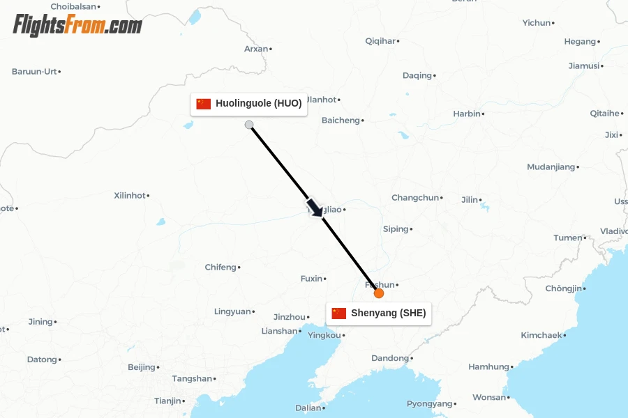 Flights from Huolinguole to Shenyang route map