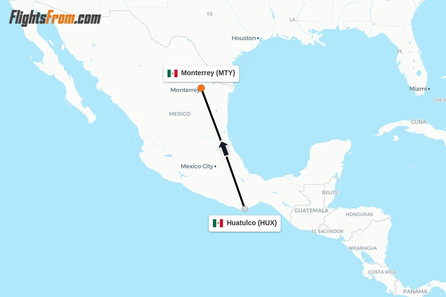 Flights from Huatulco to Monterrey route map