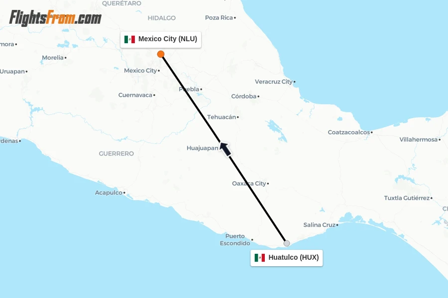 Flights from Huatulco to Mexico City route map
